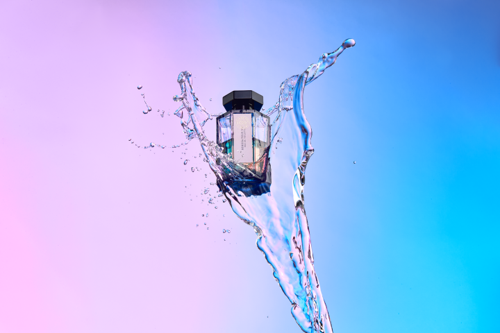 Miss Mimosa Parfum editorial water splash shot with multi-coloured background